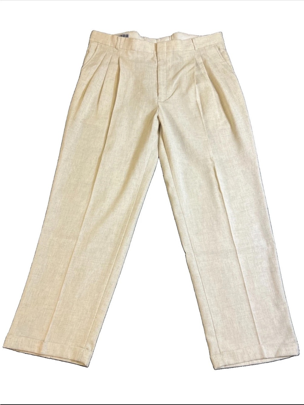 Vintage Untied Pleated Pants Beige Linen Feel 40x30 Cuffed Coastal Grandpa Boho